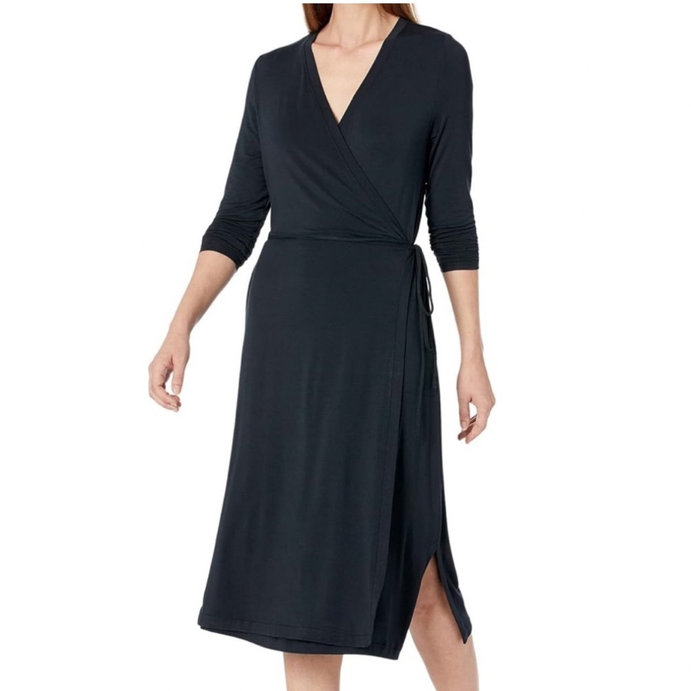 NEW Prana Black Foundation Wrap Dress Maxi Stretchy Knit Pockets long sleeve